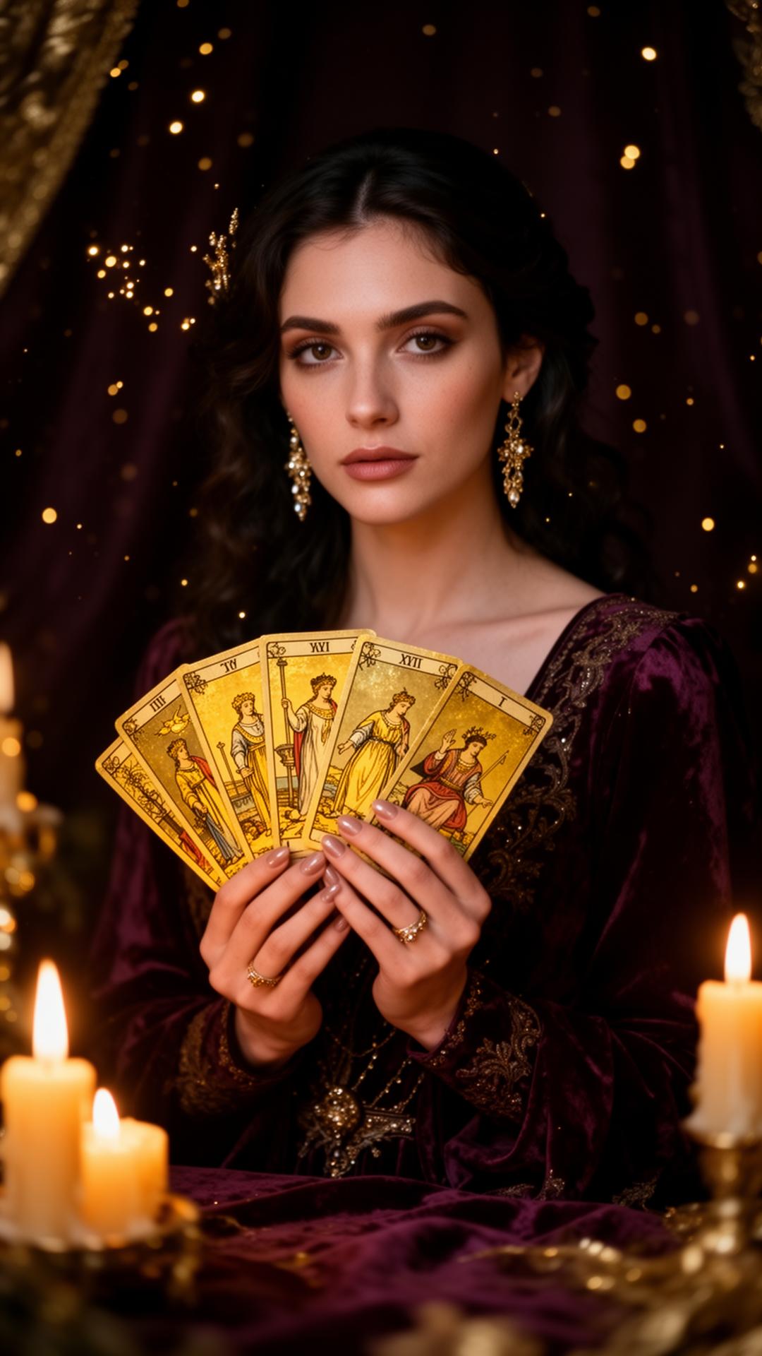 Amanda Astral segurando cartas de tarô douradas em ambiente sofisticado iluminado por velas