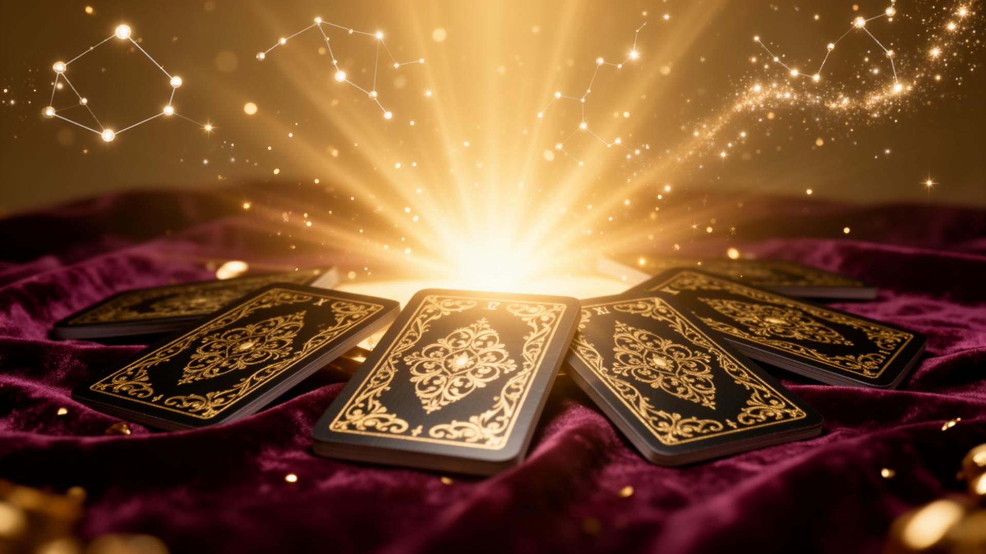 Cartas de tarô douradas iluminadas por luz celestial sobre veludo vinho
